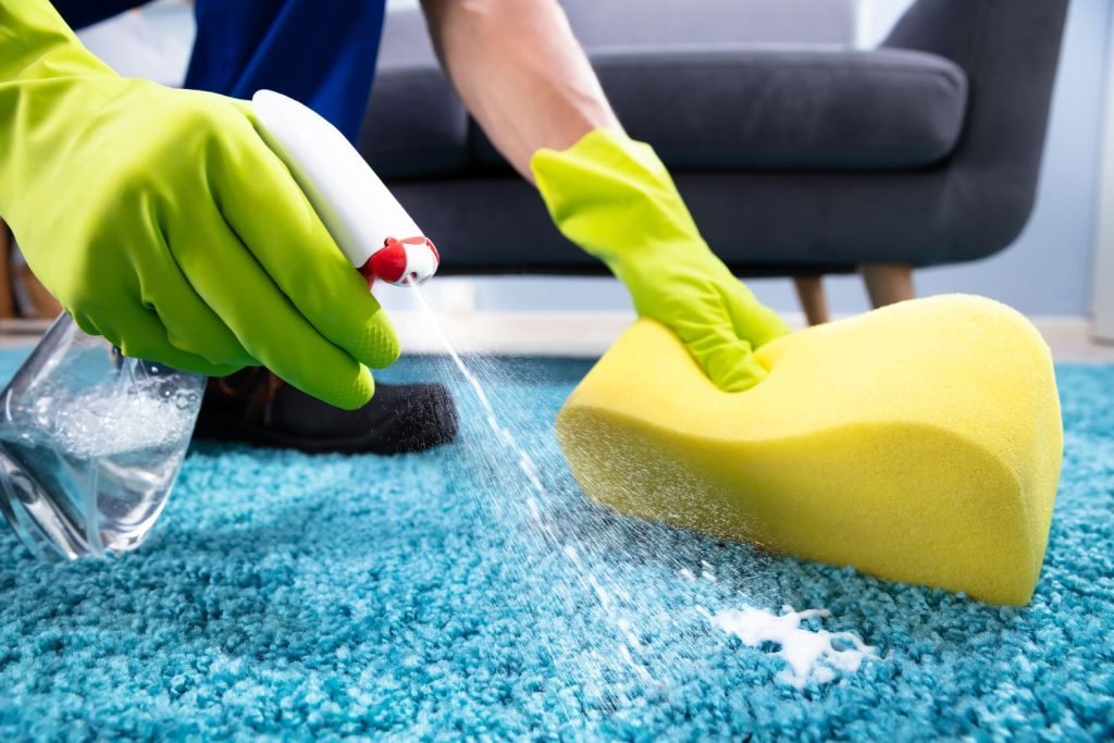 A person diligently cleaning a carpet with a sponge, showcasing a carpet cleaning service in San Antonio, TX.
