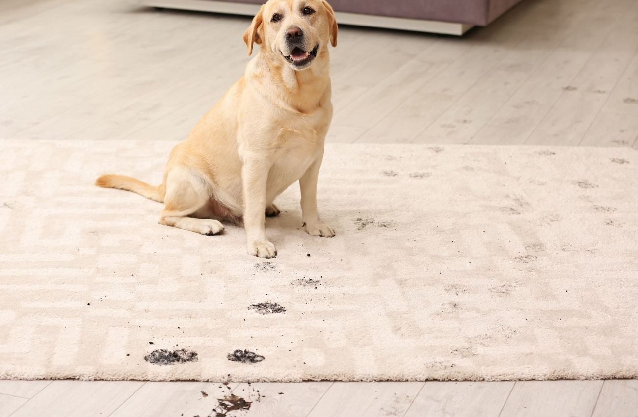 Advanced Pet Stain Removal Techniques in San Antonio A dog is positioned on a white rug with paw prints, illustrating the relevance of pet mess removal services in San Antonio, TX.